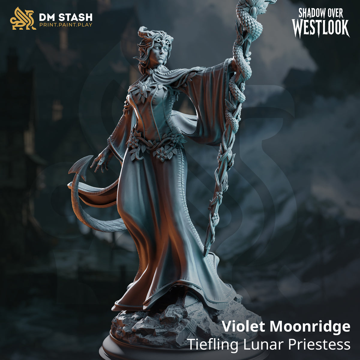 Violet Moonridge - Tiefling Lunar Priestess by DM Stash; supplied unpainted in gray resin