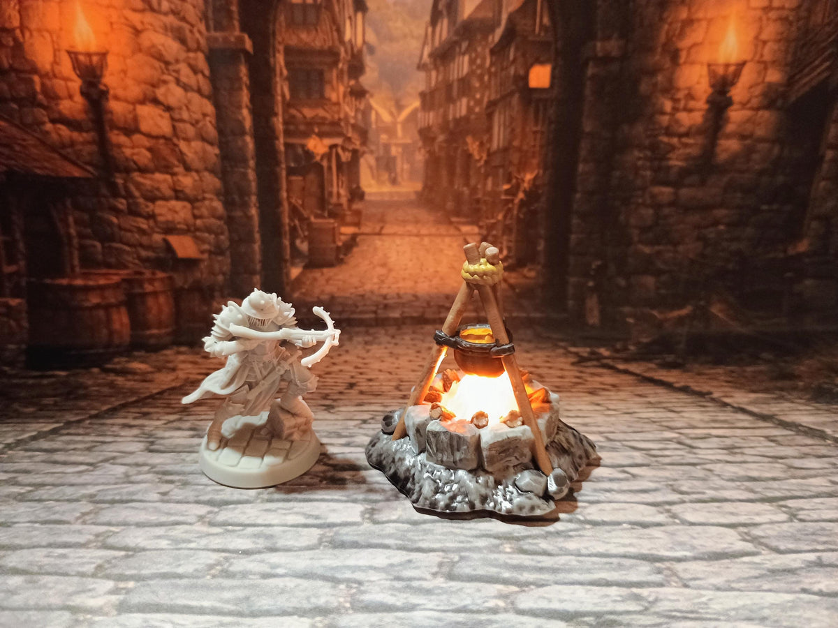 Campfire Cooking LED Fantasy Terrain | 3D Printed Scatter | Tabletop RPG DnD Daggerheart (UNPAINTED)