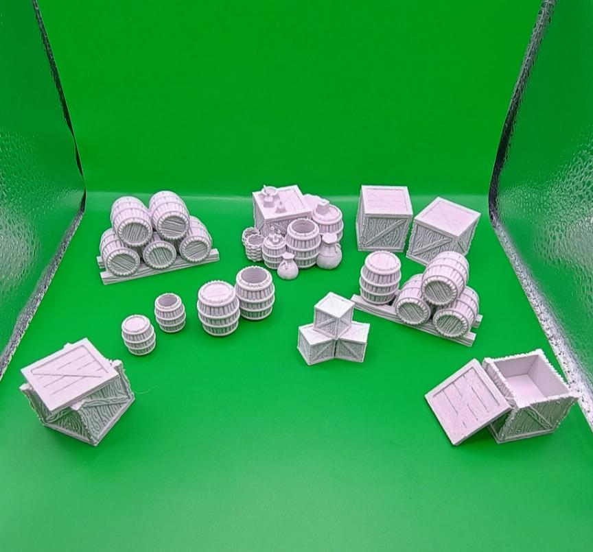 Fantasy Cargo Scatter Terrain Set | Crates Barrels & Supplies | DND Terrain | Tabletop RPG Scenery  | Merchant Goods UNPAINTED