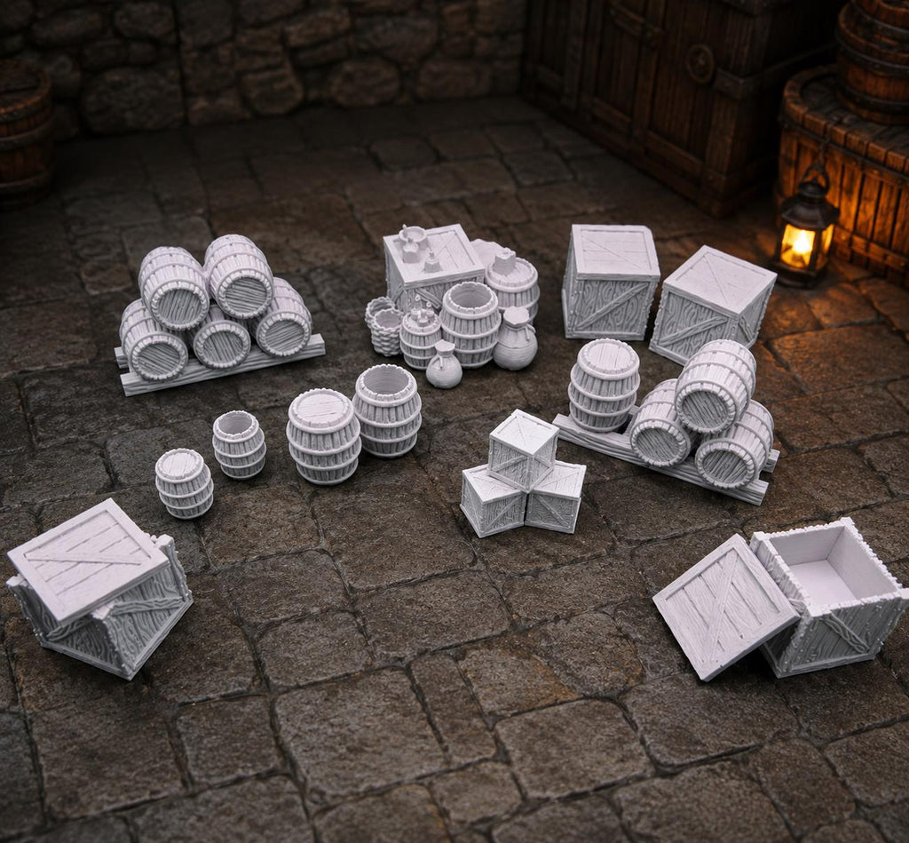 Fantasy Cargo Scatter Terrain Set | Crates Barrels & Supplies | DND Terrain | Tabletop RPG Scenery  | Merchant Goods UNPAINTED