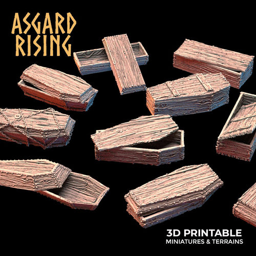 10 Piece Coffins Terrain Set - 32mm Resin Printed DnD Graveyard Scatter Terrain | Unpainted