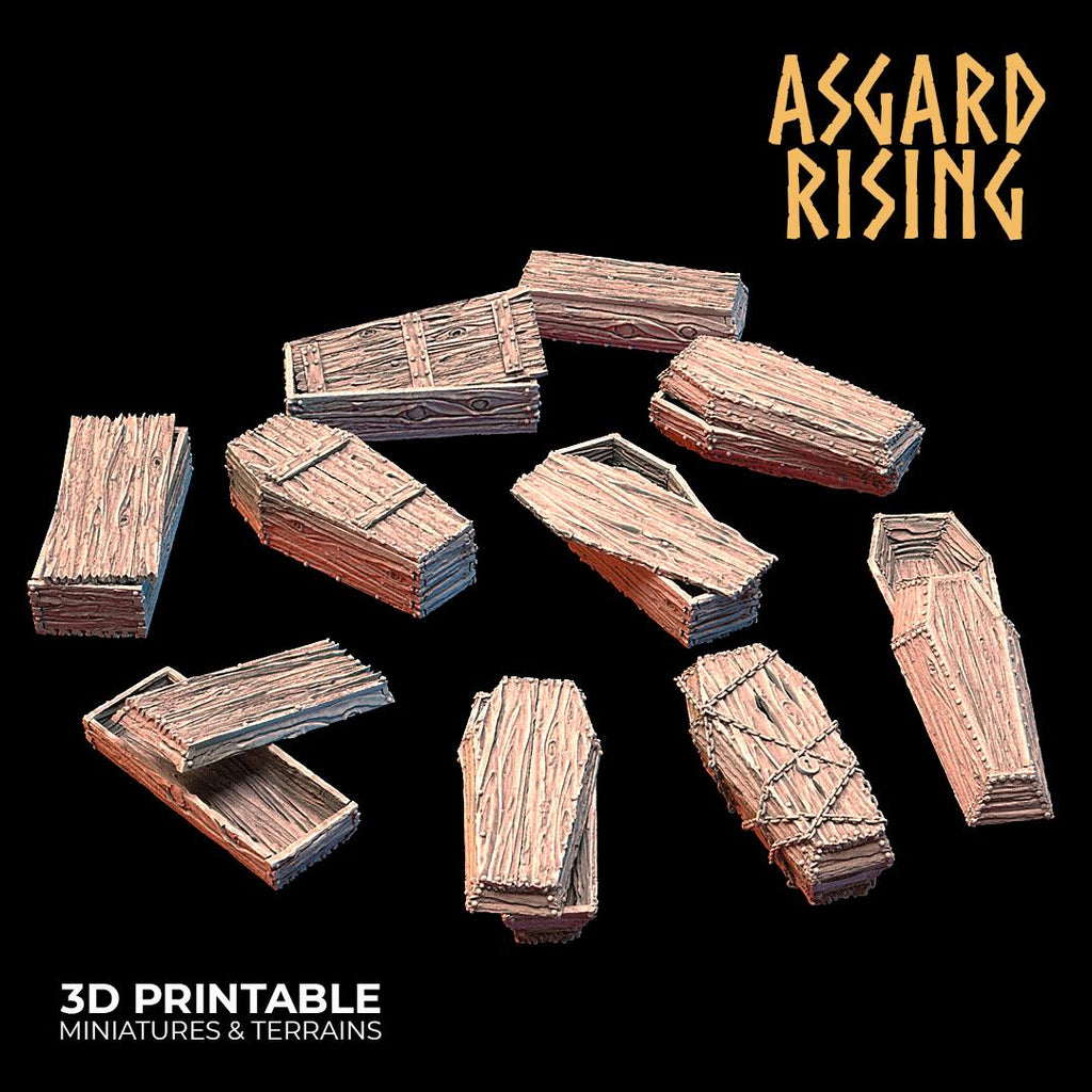10 Piece Coffins Terrain Set - 32mm Resin Printed DnD Graveyard Scatter Terrain | Unpainted