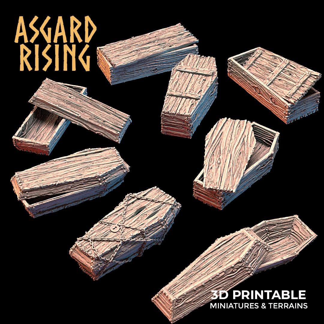 10 Piece Coffins Terrain Set - 32mm Resin Printed DnD Graveyard Scatter Terrain | Unpainted