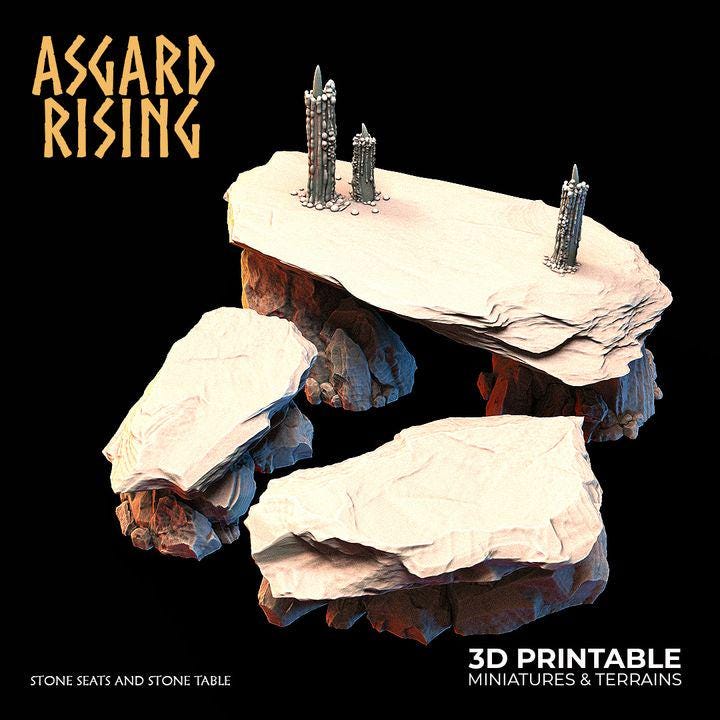 Stone Seats & Stone Table Set | 3-Piece Resin Terrain | Asgard Rising 32mm DnD Pathfinder | Unpainted