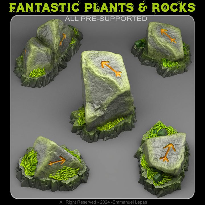 Oriented Traveler Stones — creator render; models supplied unpainted