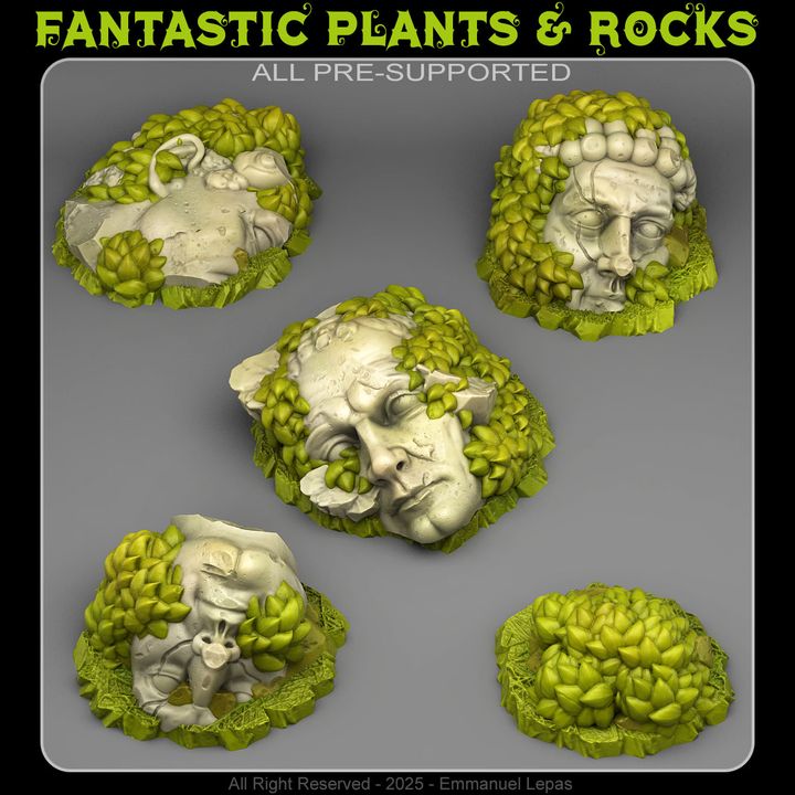Overgrown Statues — creator render; models supplied unpainted